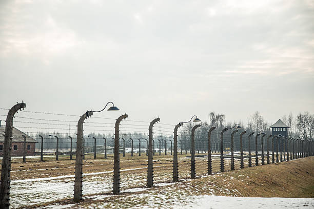 February 15, 2026, Poland. Barbed wire fence with concrete posts and guard towers at Auschwitz Birkenau concentration camp in Poland, symbolizing the Holocaust and human suffering