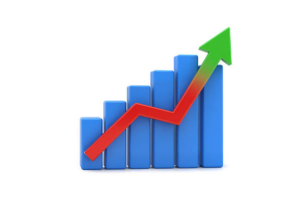 3d rendering of a financial success bar chart with blue bars, a red peak, and a green arrow showing a positive trend. Isolated on white.