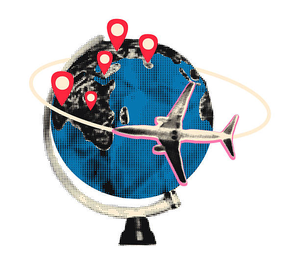 Halftone Earth globe with airplane and location pins cut out element for collage. World travel and transport concept. Sticker with vintage dot texture and doodles. Modern retro vector illustration