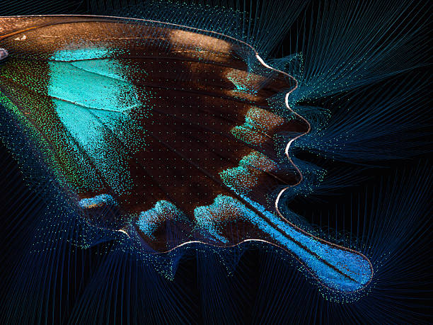 A stunning macro close-up of butterfly wing scales, integrated with a precise 3D digital grid and glowing data points. This piece highlights the intersection of natural iridescent structures and advanced aerodynamic modeling in soft robotics. Macro photography combined with 3D rendering.