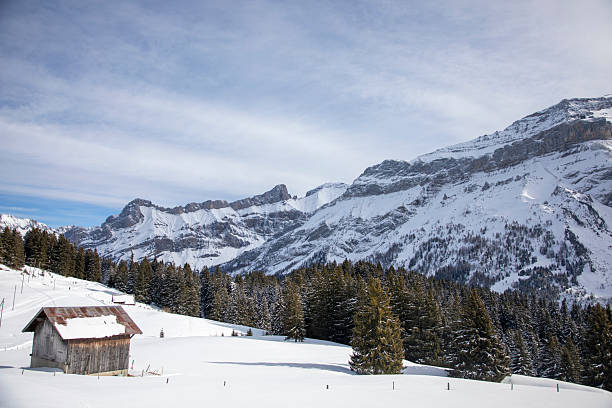 Landscape of the French Alps on a sunny winter morning in the Haute-Savoie region in eastern France.