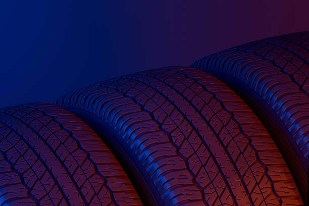 3D render of high-detail automotive tire showcasing intricate tread patterns enhanced by aesthetic neon highlights. The clean, minimalist composition is perfect for automotive industry marketing, tire replacement services, and futuristic transportation concepts. It serves as a versatile visual for technology-driven car maintenance, safety performance, and modern transport logistics.