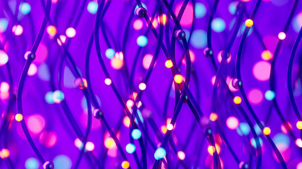 3D rendering of a complex web of flowing fiber optic lines and glowing data nodes, representing high-speed internet and global connectivity. The vibrant purple and pink neon aesthetic makes it a perfect background for cybersecurity, cloud computing, and artificial intelligence themes. It is highly suitable for digital transformation projects, telecommunications branding, and innovative tech presentations.