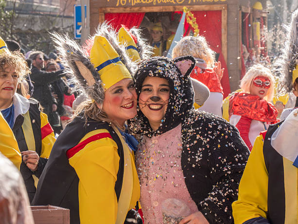 Duesseldorf, Germany, February 20, 2023 - Traditional Rose Monday Carnival float (Rose Monday Parade) in Duesseldorf old town.