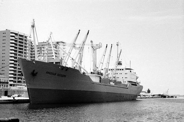 Malaga, Spain, - June 10, 1975: soviet cargo ship Nikolai Pogodin is parked in port