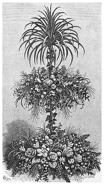 A detailed 19th-century illustration showcases an elaborate floral arrangement featuring roses, ferns, and a palm tree top. The Victorian-era botanical display is rendered in a vintage style, highlighting the elegance and decorative arts of the period. The artwork captures the beauty and intricacy of the floral design, reflecting the artistic trends of the 1880s.