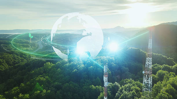5G telecom tower with planet earth for environmental sustainable development. Aerial view at sunset drone above telecommunication base station