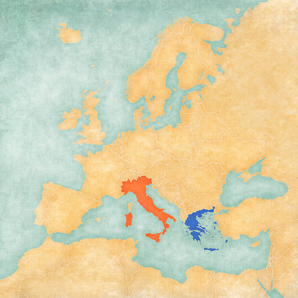 Italy and Greece on the map of Europe in soft grunge and vintage style, like old paper with watercolor painting.