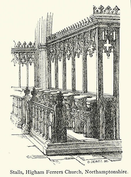 Church architecture, Stalls, Higham Ferrers Church, Northamptonshire, Victorian, Vintage illustration, 19th Century