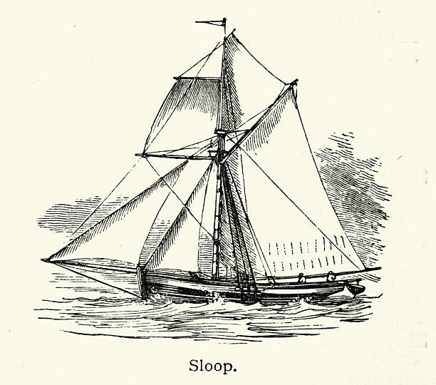 Maritime history sloop, Sloop a single-masted, fore-and-aft rigged sailing vessel with one headsail and a mainsail, Victorian, Vintage illustration, 19th Century