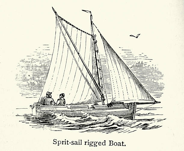 Maritime history, Sprit sail rigged sailing boat, Victorian, Vintage illustration, 19th Century