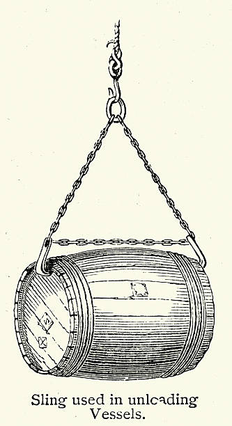 Sling chain hoist used for unloading barrels, Victorian, Vintage illustration, 19th Century