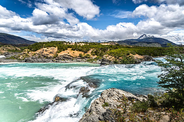 Wide landscape view of the confluence between the Baker River and the Neff River, showing turbulent channels and expansive Patagonian terrain in southern Chile.