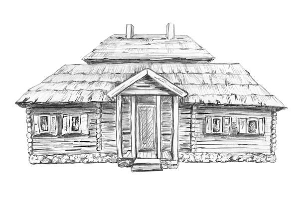 A detailed pencil illustration of a rustic log cabin with a thatched roof. Isolated illustration for country-style branding, real estate marketing, historical images, and travel brochures