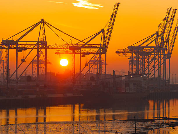 Golden sunset in river Uruguay with silhouette of port cranes in the border of Argentina and Uruguay in Salto
