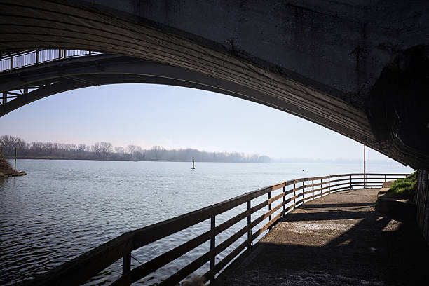 Counterlit arches of a bridge, and their beams, seen from a passage under it, by the water's edge, on a sunny day