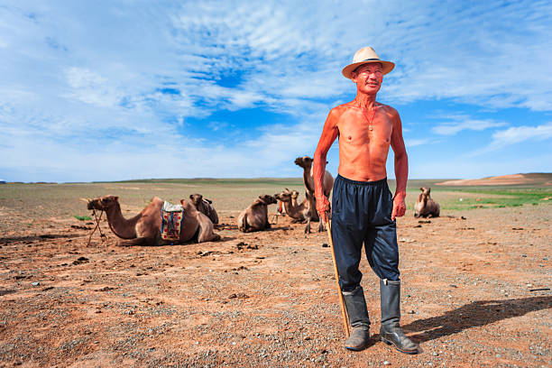 A shirtless older herder stands on an arid plain holding a wooden staff, wearing a wide-brimmed hat, dark trousers and rubber boots. Behind him several Bactrian camels lie on the ground, one with a colorful saddle blanket. The scene shows a wide, sparsely vegetated landscape with low distant dunes under a bright blue sky streaked with clouds.
