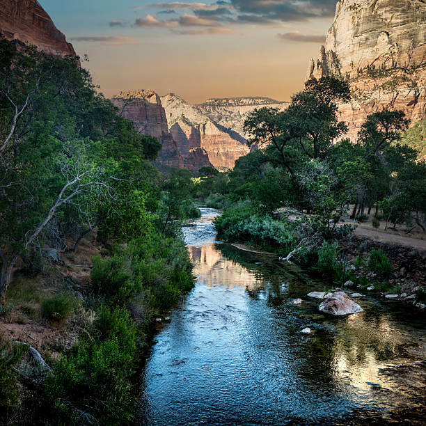 North Fork Virgin River and surrounding mountains in a fall season. Zion National Park. Utah. USA