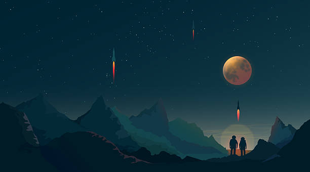 Flat vector illustration of a futuristic mountain landscape at night with silhouettes of two people watching rockets launch into a starry sky under a glowing moon. Concept of space exploration, ambition, innovation, discovery, and future technology. Designed with editable layers and global colors for easy customization and scalable design projects.