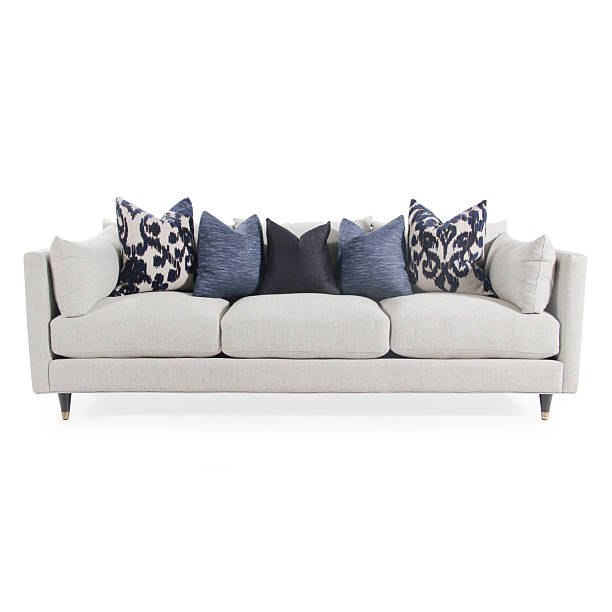 White Mid Back Linen Chaise Sofa Recliner Isolated on White. Modern Upholstered Low Profile Loveseat with Armrests and Seat Cushion Front View. Three 3 Seater Couch with Scatter Spread Throw Pillows