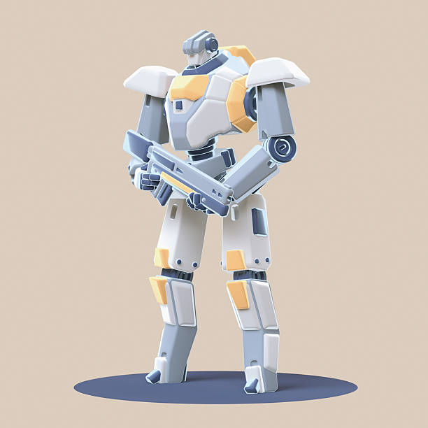 Sci-fi mech soldier toy standing with gun in his hands on light beige backdrop. Futuristic battle robot with white yellow color armor. Mech with artificial intelligence. Cartoon retro robot. 3D render