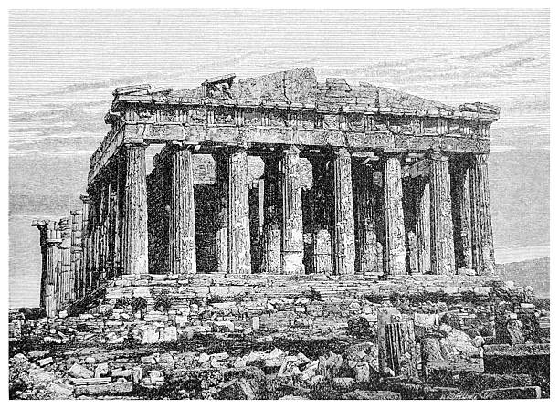 A 19th-century engraving depicts the Parthenon in Athens, Greece, showcasing its Doric columns and ancient ruins. The illustration captures the architectural grandeur and historical significance of this iconic structure.