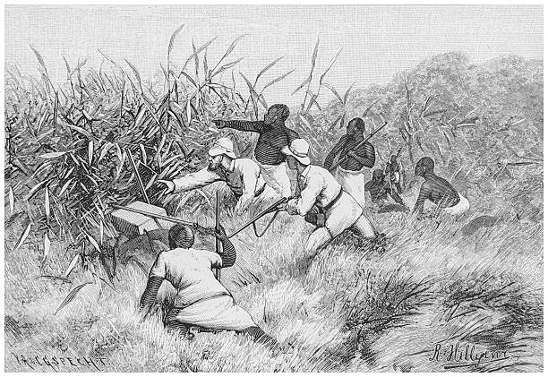 A vintage illustration from the 19th century depicting an expedition into the African wilderness. The scene includes armed men, dense vegetation, and the anticipation of encountering lions. The artwork captures the spirit of adventure and exploration during that era.