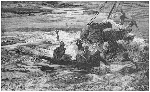 This 19th-century illustration depicts men landing on the African coast and unloading goods from a boat. The scene captures the challenges and labor involved in maritime trade and exploration during this historical period.