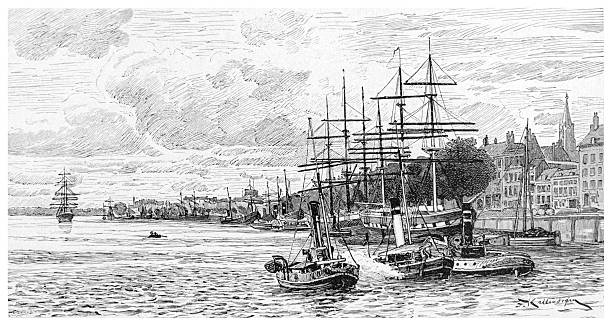 A detailed black and white illustration from the 1880s depicting a bustling harbor scene with various ships, boats, and waterfront buildings. The image captures the maritime activity and architectural details of the era.