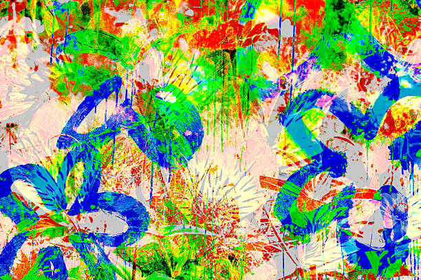 Digitally layered artwork blending botanical forms with bold graphic strokes and expressive color splashes. Vibrant reds, electric blues, and saturated greens collide across a light background, creating a dynamic composition that feels both organic and urban.