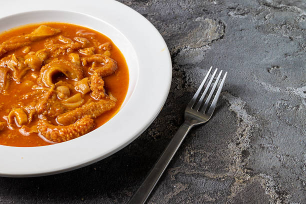 Close up of traditional Hungarian tripe stew served on white plate with fork on dark stone background, representing authentic Eastern European cuisine and rustic comfort food.