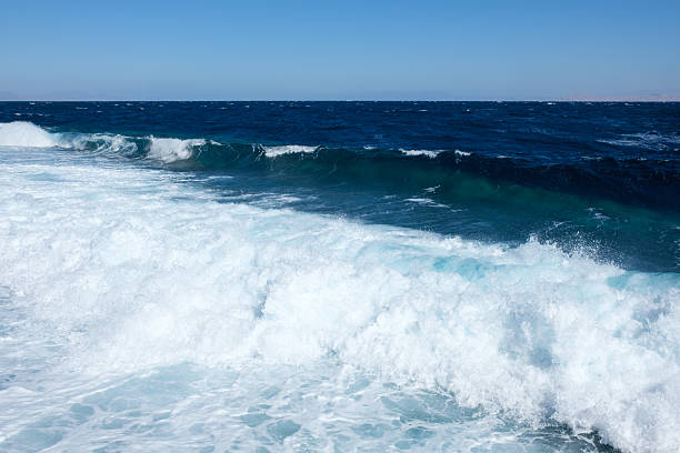 Ocean waves break on the shore, producing white foam and splashes, with a clear blue sky above and a vast sea in the background