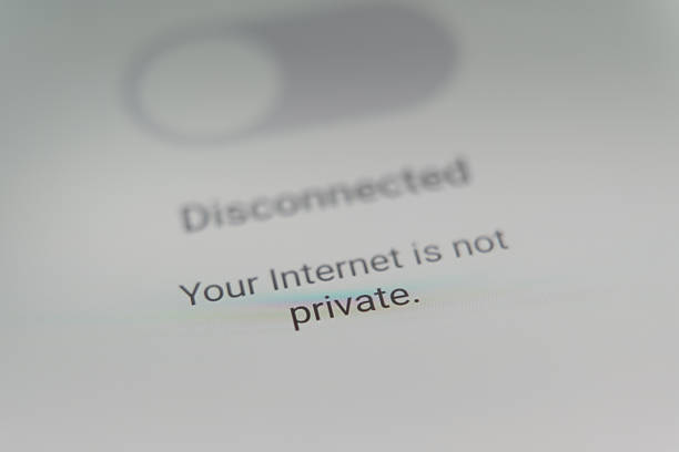Close-up of a digital screen displaying a disconnected VPN toggle with the warning message Your Internet is not private, illustrating cybersecurity risks and data privacy concerns. High quality photo