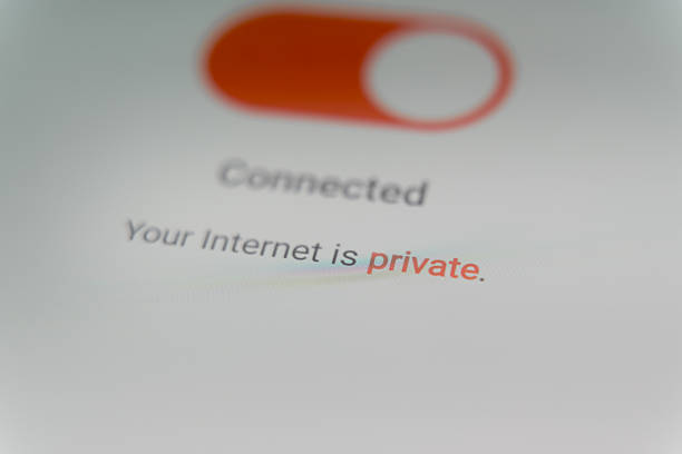Digital screen close-up showing an active VPN connection toggle with the confirmation message Your Internet is private, representing cybersecurity, data encryption, and online safety. High quality photo