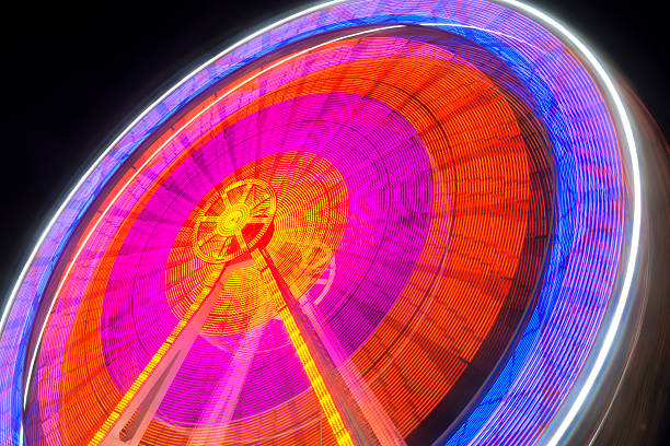 A ferris wheel spins fast, illuminating the dark sky with colorful lights.