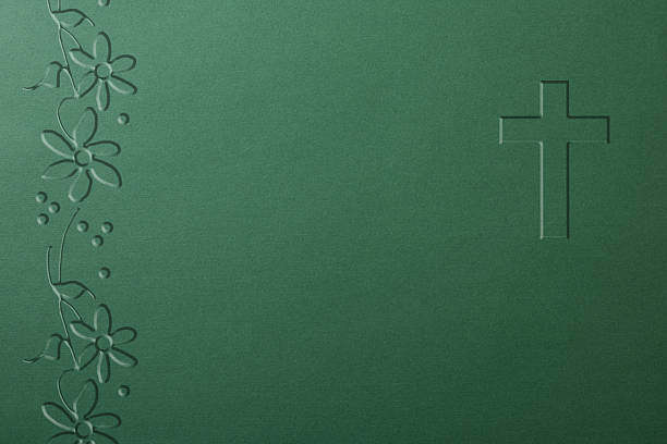 Minimalist green background with embossed floral pattern on the left and a subtle Christian cross on the right. Elegant, soft texture with copy space.