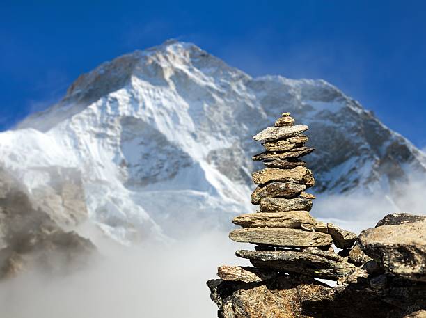 Mountain Nuptse in Everest region with snow slopes, sharp ridges, glacier terrain, high altitude Himalaya landscape, trekking travel backdrop, clear sky alpine environment adventure imagery content