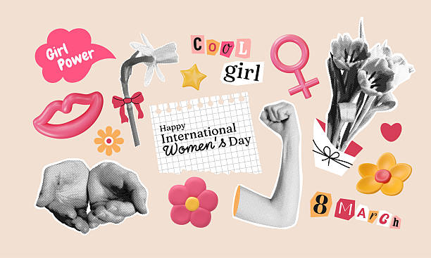 Halftone elements, 3d plastic flowers, gender sign. International women's day objects for planners, 8 march banners, social media designs. Vector illustration.