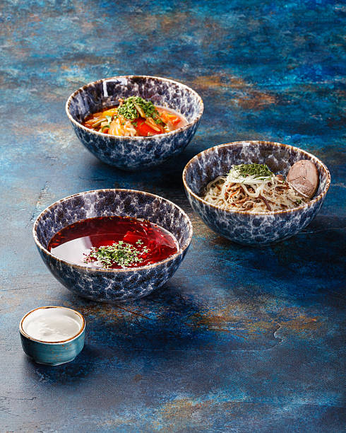 Different soups and sauses from different countries cousine with vegetables or meat