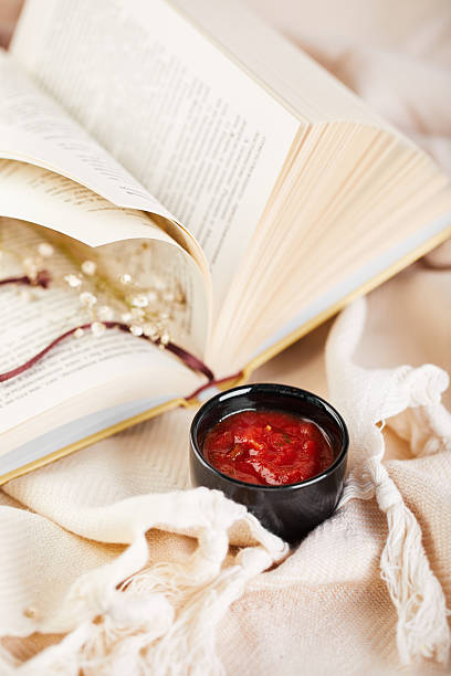 Salsa sauce in black gravy boat and an open book on soft beige blanket