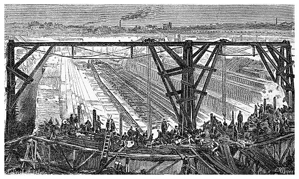 An illustration from the 19th century depicting the construction of a dry dock with workers and railroad tracks.