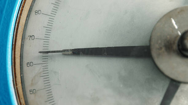 Close up view of an old vintage analog dial scale with a needle