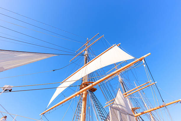 Tall ship masts and rigging stand tall against a clear blue sky in San Diego, California, showcasing historic maritime engineering and sailing heritage.