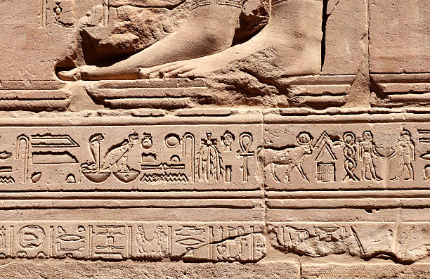 Ancient Egyptian hieroglyphs on stone wall, Karnak Temple Complex, Luxor, Egypt, Africa. Stone carvings with hieroglyphs at Karnak temple complex, Thebes