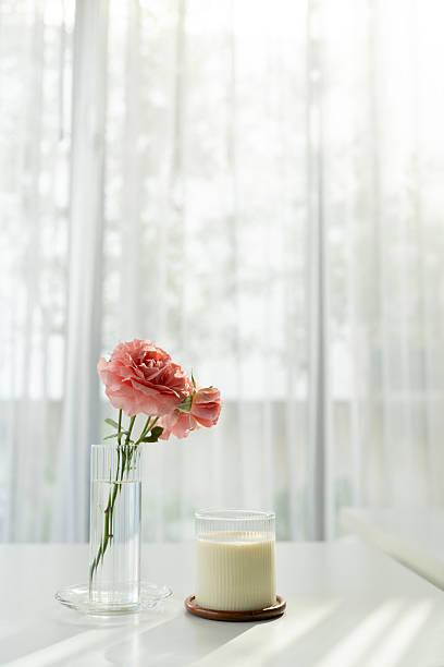 A glass of milk and pink roses on white minimal table