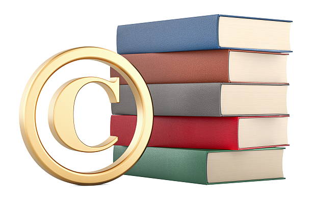 Intellectual property, concept. Copyright symbol with stack of books. 3D rendering isolated on white background