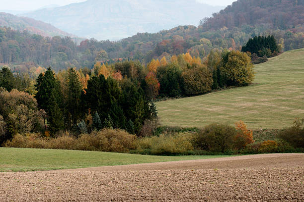 Czech Rolling Hills With Ploughed Foreground, Layered Meadows, Mixed Hardwood Forest, Distant Blue Ridge, Soft