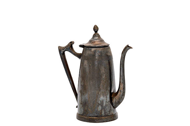 Vintage Victorian Silverplated Coffeepot with gooseneck spout, hinged lid and finial on a white background.