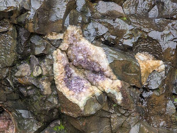 Detailed macro photograph of amethyst quartz crystal highlighting purple mineral facets and natural geological texture for science and wellness concepts.