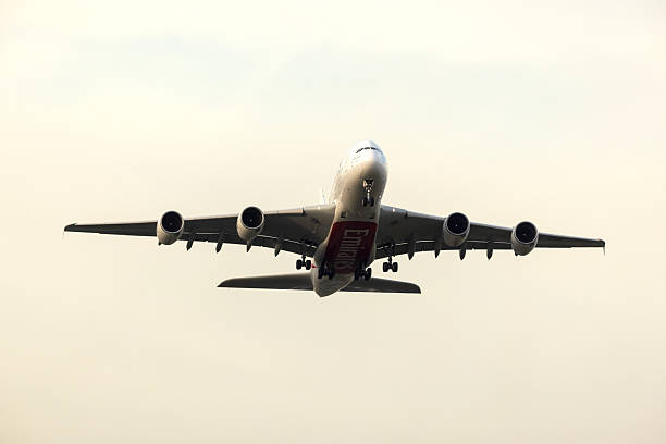 İstanbul, Turkey - January 26, 2026: An Emirates Airlines Airbus A380 aircraft is taking off from Istanbul Airport.